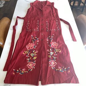 Ethnic by Outfitters Fusion Floral Embroidered Long Vest Red Sleeveless Belt XS